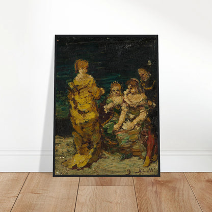Four figures in rich period dress gather against a dark background with thick expressive brushwork.