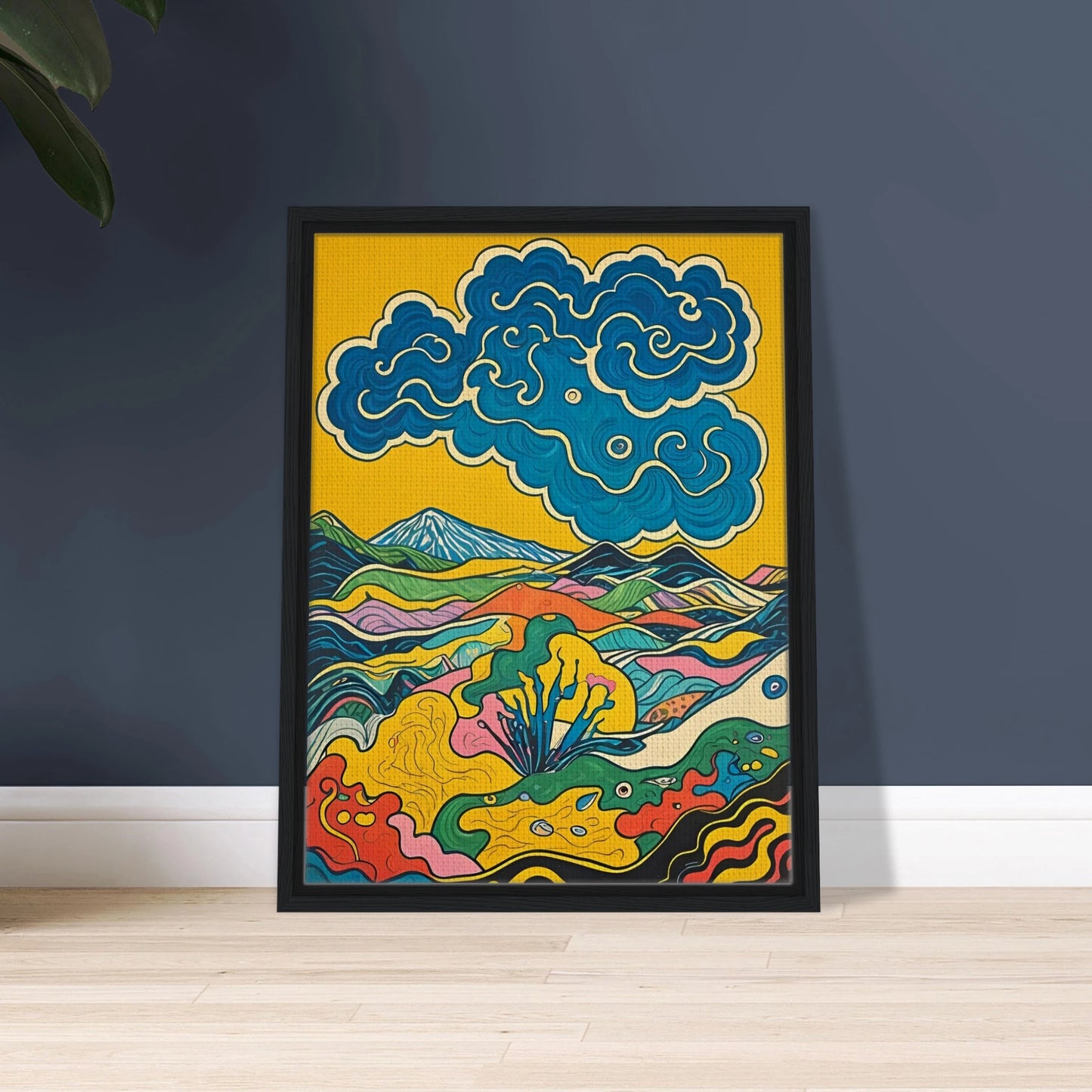 A vivid, psychedelic landscape of colorful hills and blue swirling clouds under a golden sky.