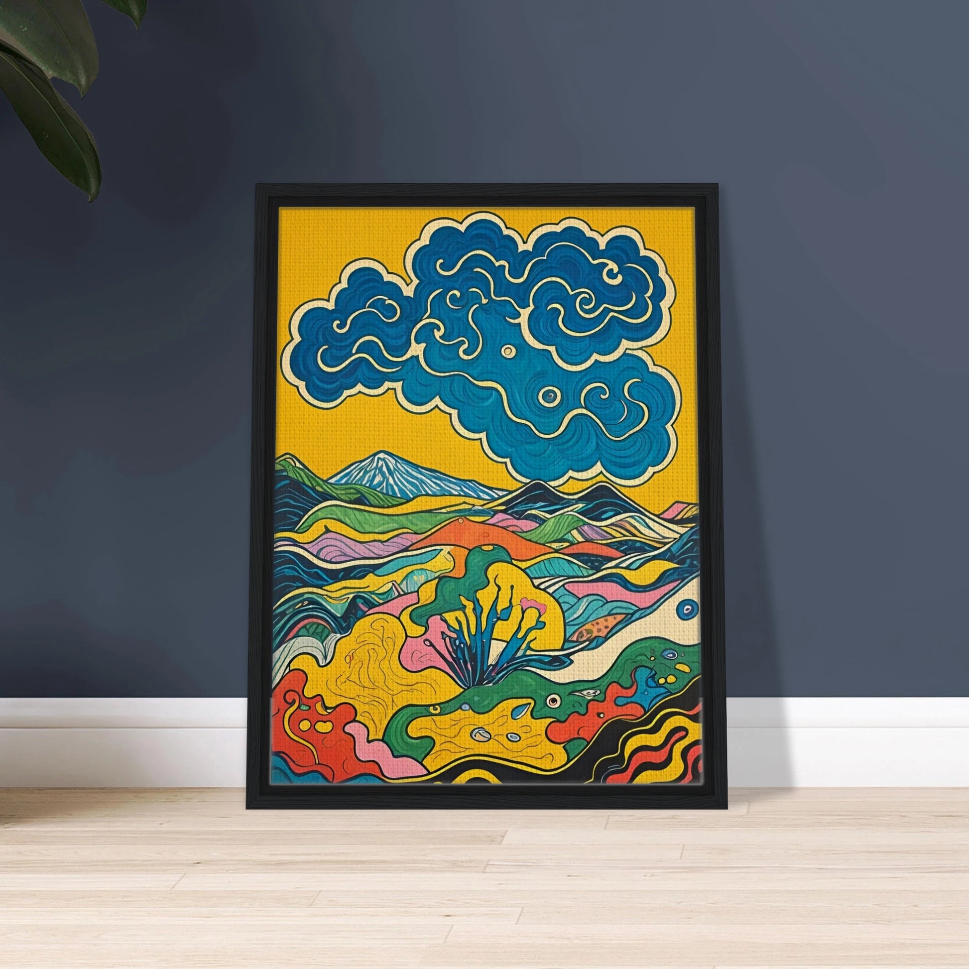A vivid, psychedelic landscape of colorful hills and blue swirling clouds under a golden sky.