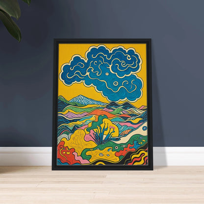 A vivid, psychedelic landscape of colorful hills and blue swirling clouds under a golden sky.