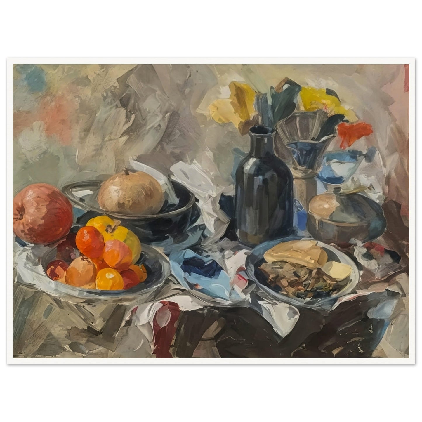 A rustic still life painting featuring a variety of fruits, a dark bottle, and scattered tableware on a draped table.