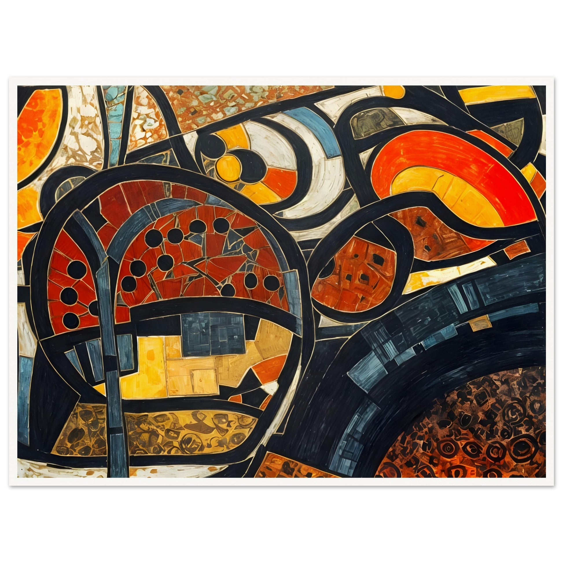 An intricate composition of curved and geometric patterns in deep reds, blues, and golds, evoking a cityscape with organic elements.