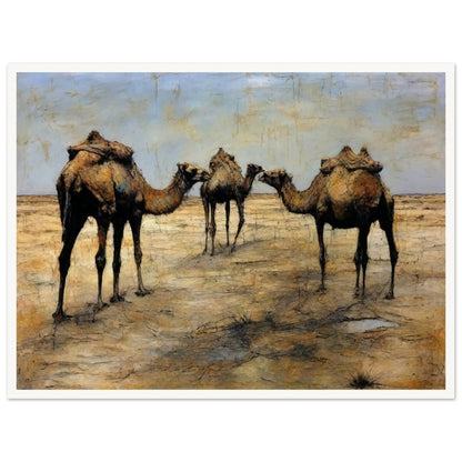 A detailed painting of three camels with packs standing together in a vast, arid desert landscape under a blue sky.