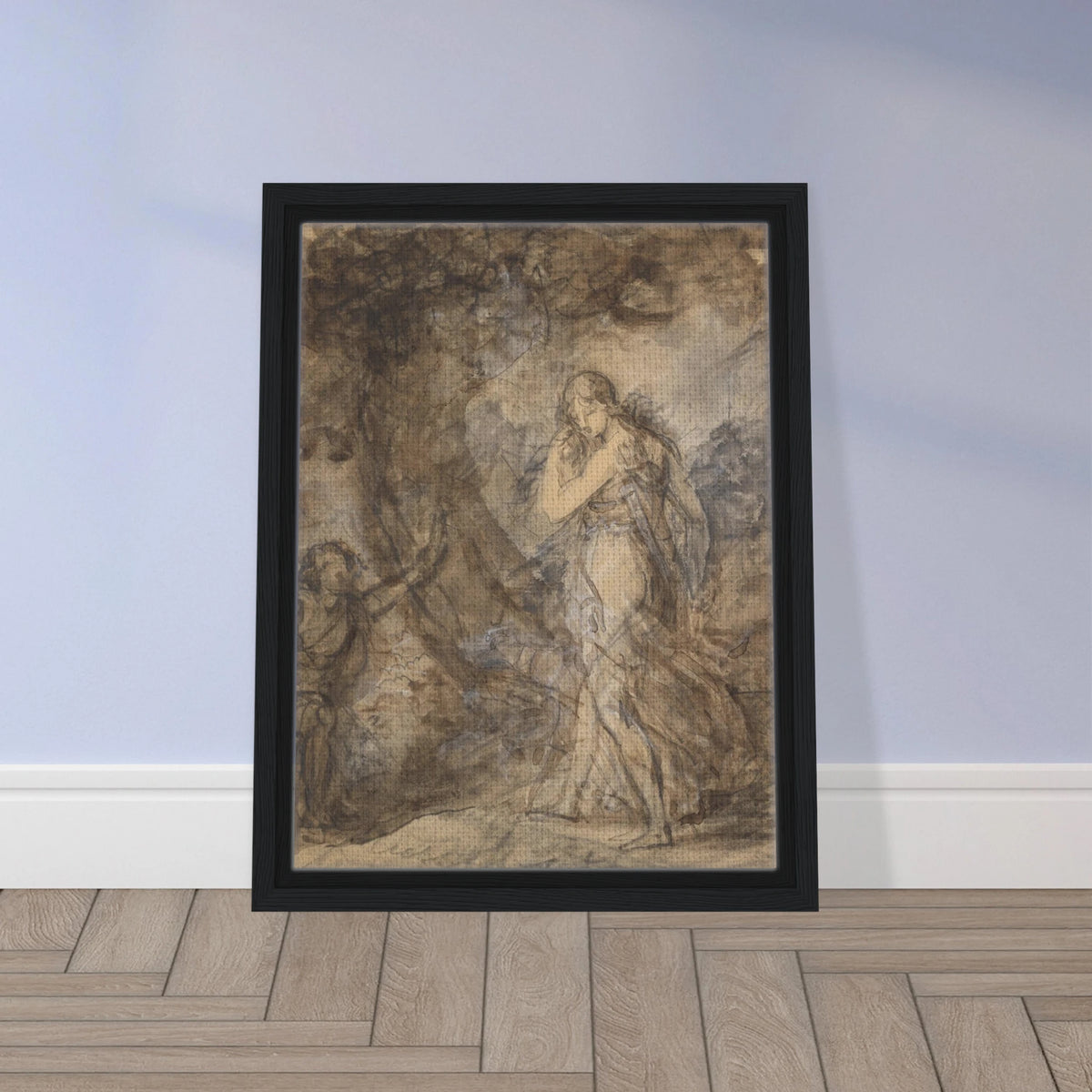 Daphnis runs toward Chloe in a loosely sketched woodland scene, rendered in soft brown and gray washes.