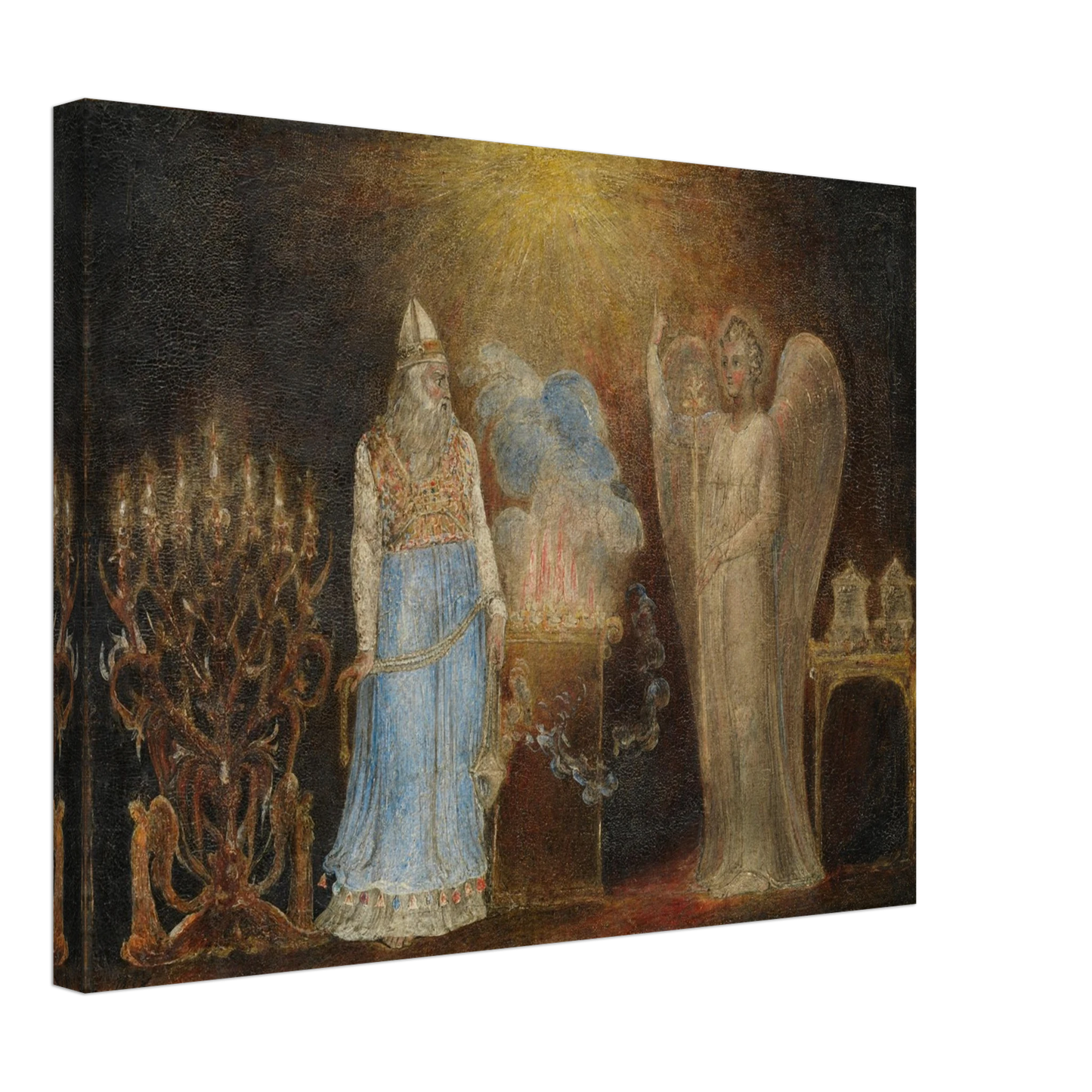 Angel appears before Zacharias in a glowing biblical temple scene by William Blake