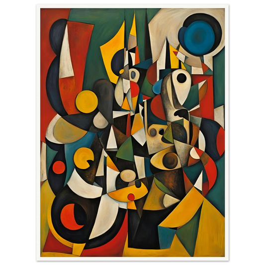 A vivid cubist-inspired painting with fragmented shapes, bold colors, and layered geometric forms that evoke human silhouettes and movement.