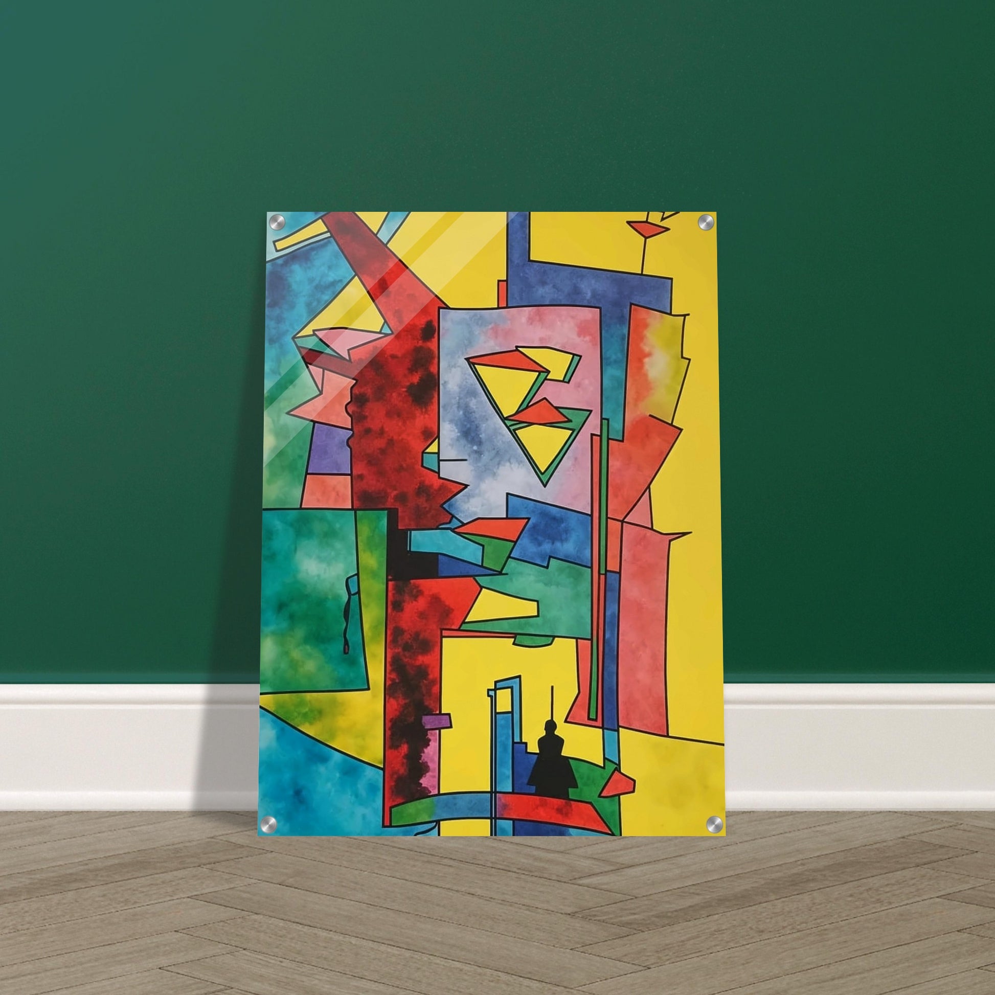 Abstract geometric artwork featuring vibrant shapes and bold colors, evoking a dynamic urban landscape.