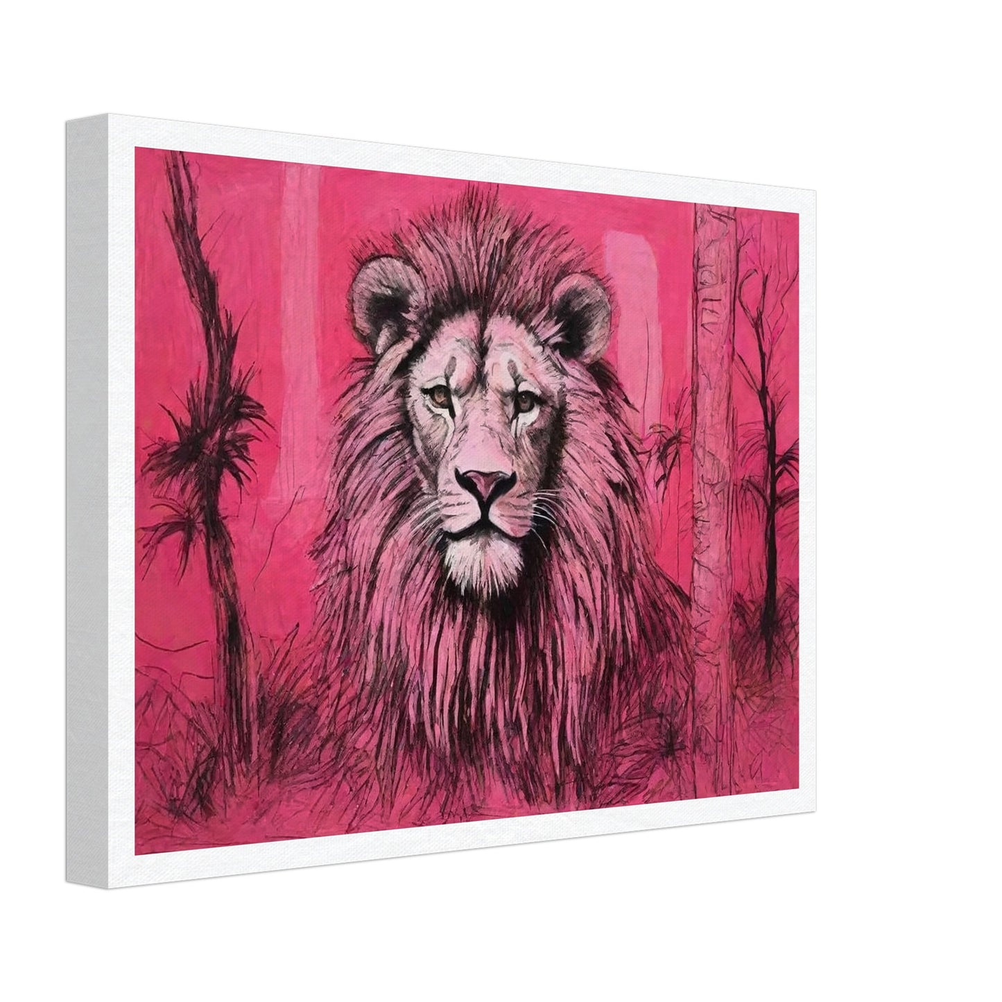 A striking painting of a lion with a majestic mane set against a vivid pink background, capturing the animal's regal presence.