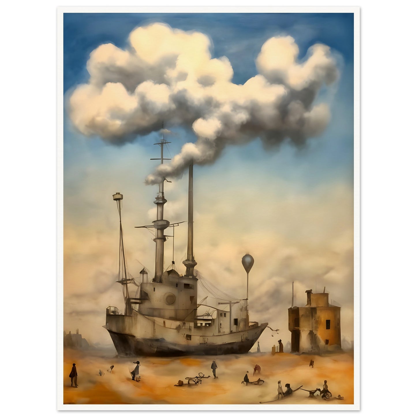 A surreal painting of a ship stranded in a desert, with smokestacks blending into massive, fluffy clouds, as small figures wander the sandy landscape beneath a dreamy sky.