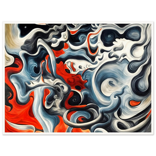 A mesmerizing swirl of red, black, and blue flowing together in a storm-like pattern, evoking a sense of movement and power.