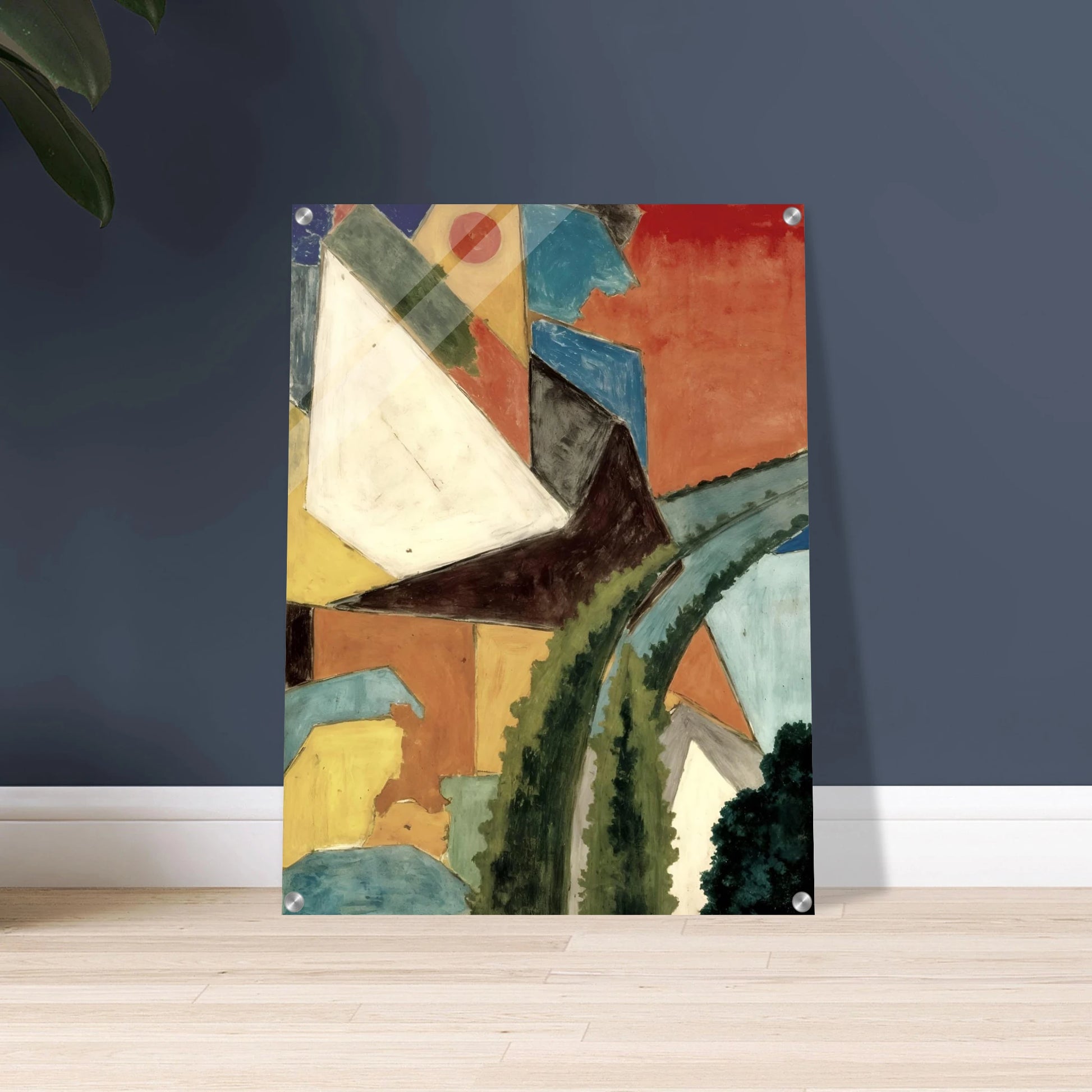 Angular rooftops and winding green pathways rise through warm ochre tones beneath a glowing crimson sky.