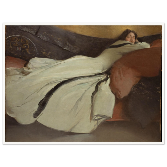 A woman in a flowing white dress reclines across a red sofa in an elegant interior.