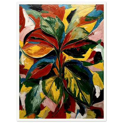 A bold and textured painting of vibrant leaves in dynamic shades of green, red, yellow, and orange, set against an abstract colorful background.