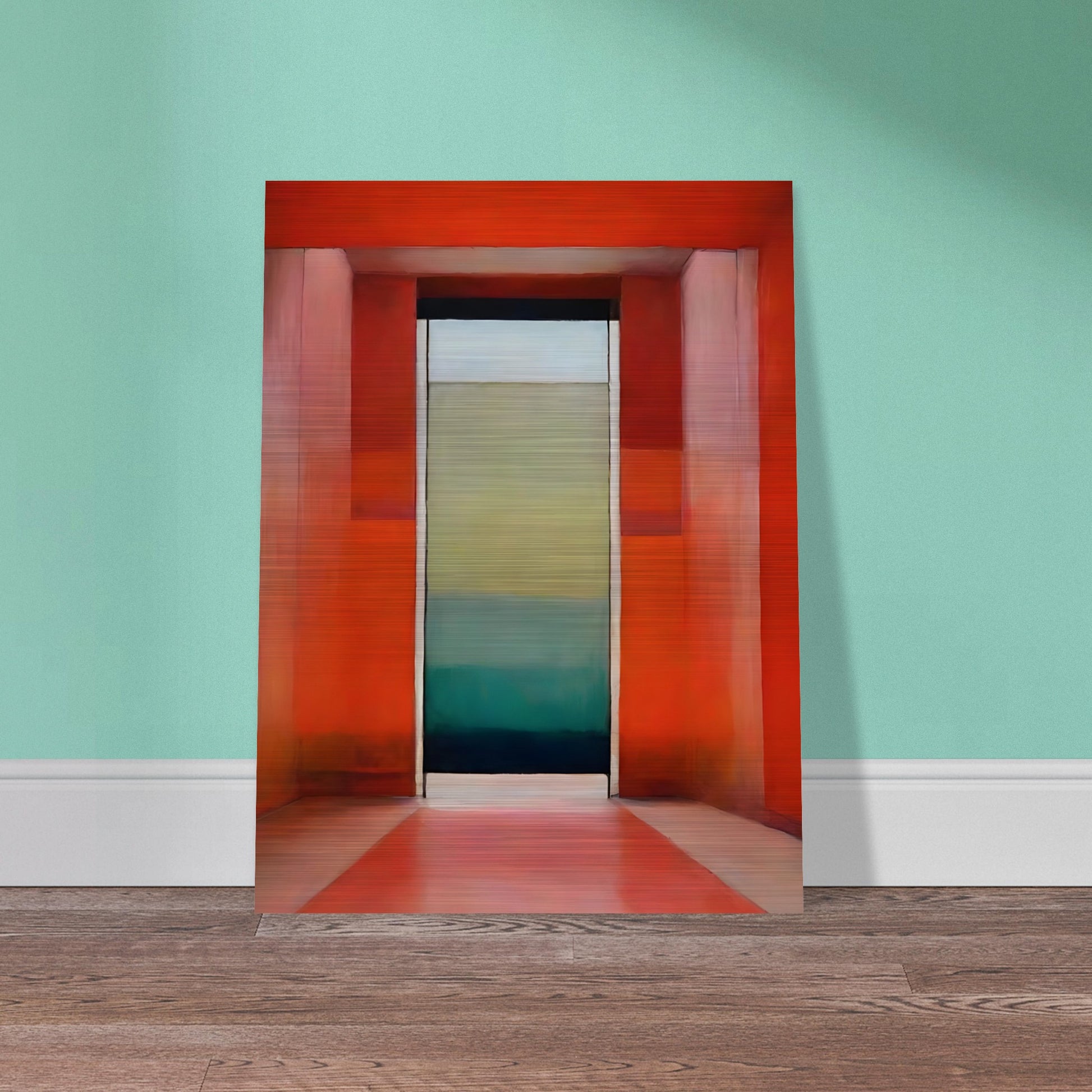 A striking architectural composition featuring a bold red corridor leading to a doorway with a gradient of blue and green, evoking mystery and depth.