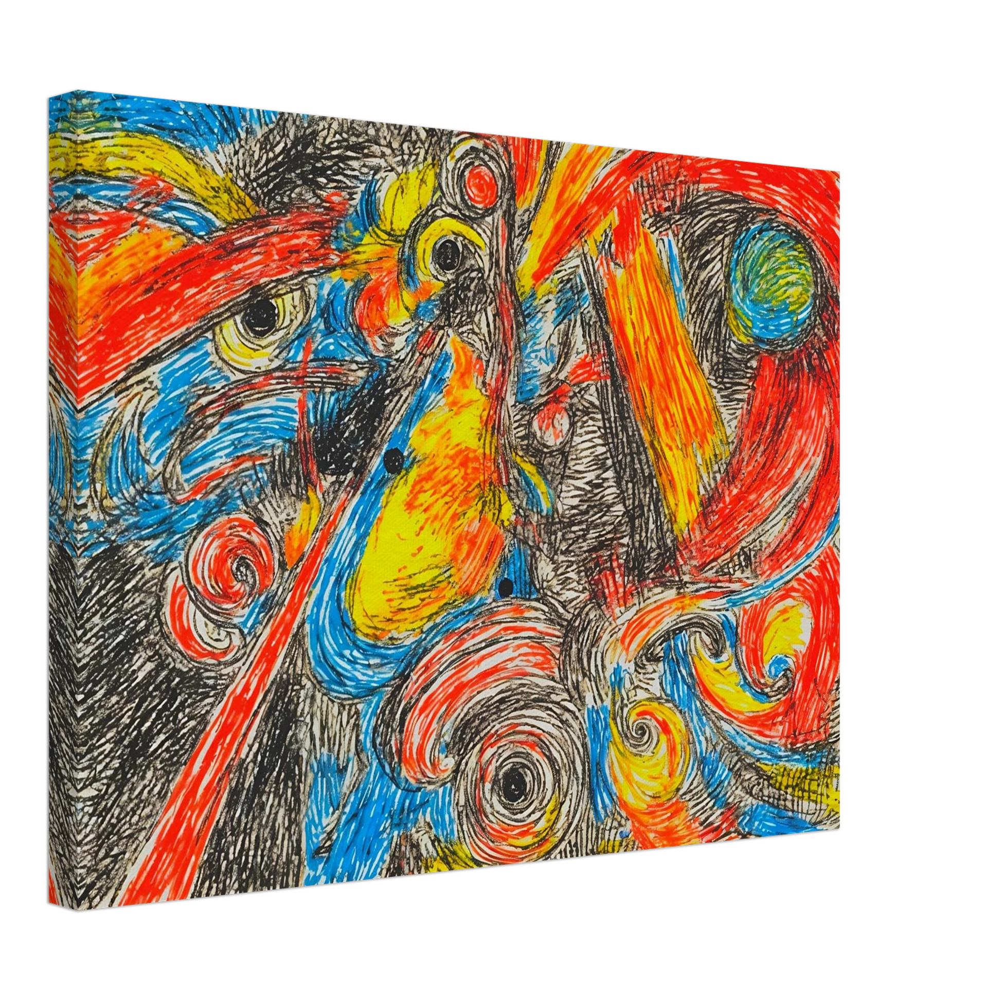 Explosive swirling lines of red, blue, yellow, and black collide in a high-energy abstract composition filled with motion and intensity.