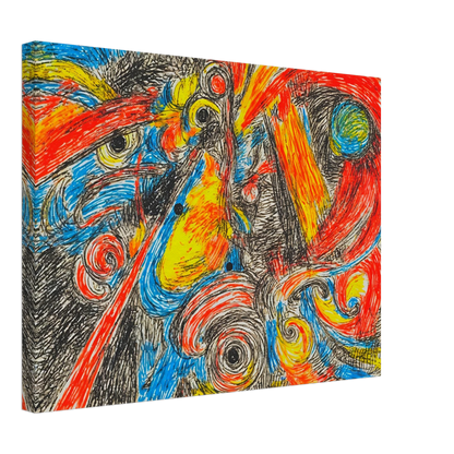 Explosive swirling lines of red, blue, yellow, and black collide in a high-energy abstract composition filled with motion and intensity.