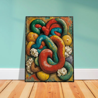 A bold, textured painting featuring intertwined, tubular forms in red, blue, green, and yellow, surrounded by organic, rounded shapes.