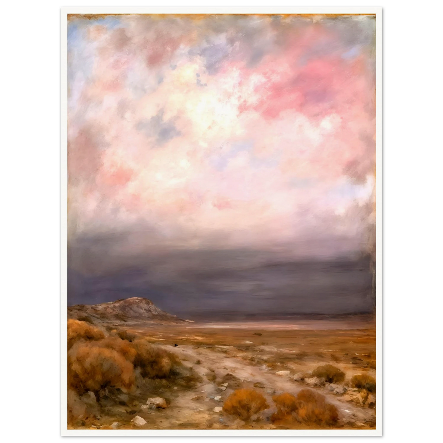 A dreamy desert landscape beneath soft pink and lavender clouds, with golden brush, distant hills, and a tranquil open horizon.
