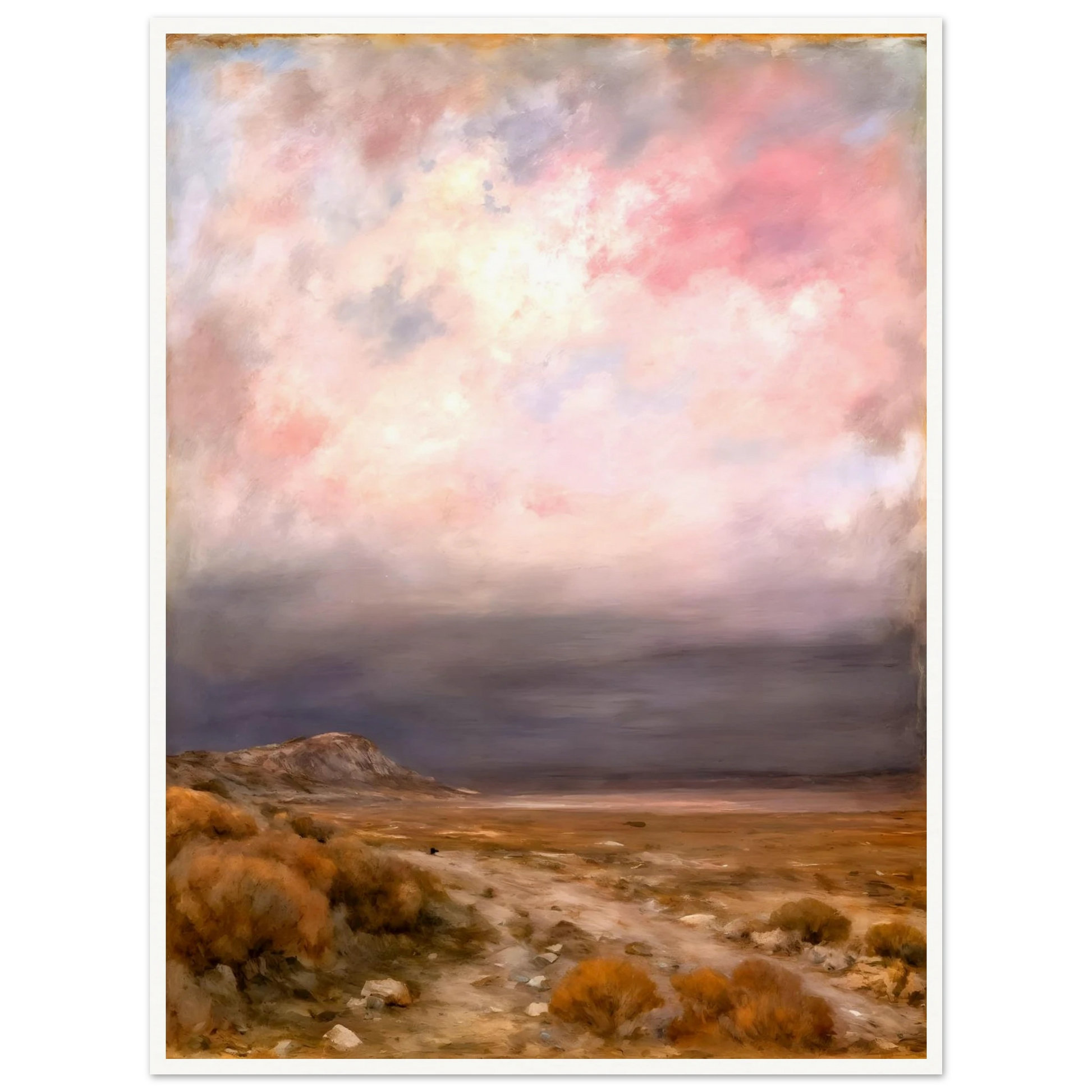 A dreamy desert landscape beneath soft pink and lavender clouds, with golden brush, distant hills, and a tranquil open horizon.