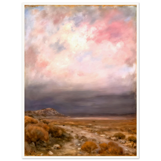 A dreamy desert landscape beneath soft pink and lavender clouds, with golden brush, distant hills, and a tranquil open horizon.