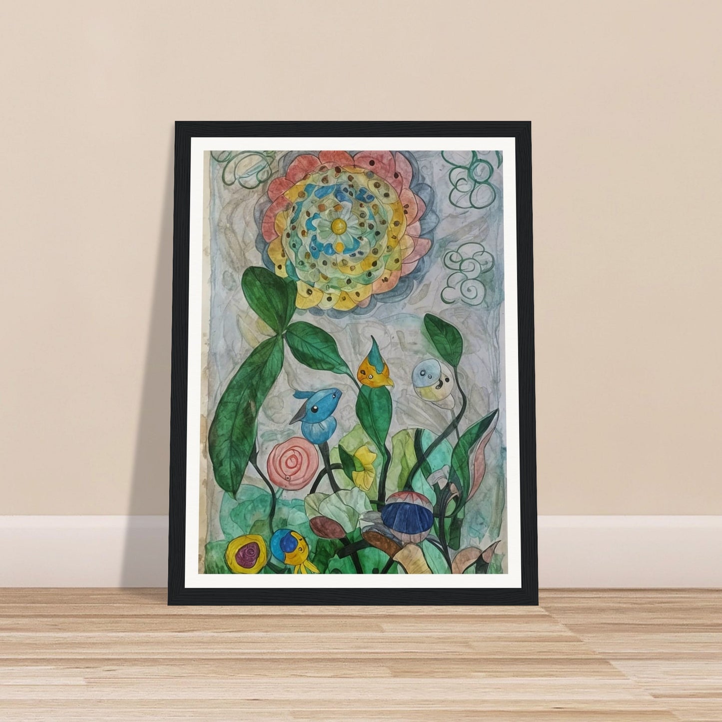 A whimsical watercolor painting of a colorful garden with abstract flowers and playful creatures.