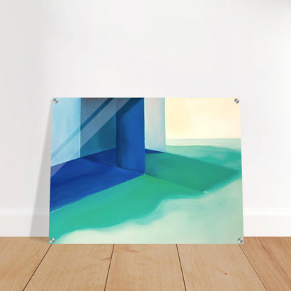 Blue architectural forms meet soft turquoise shores and pale horizons, creating a calm coastal retreat.
