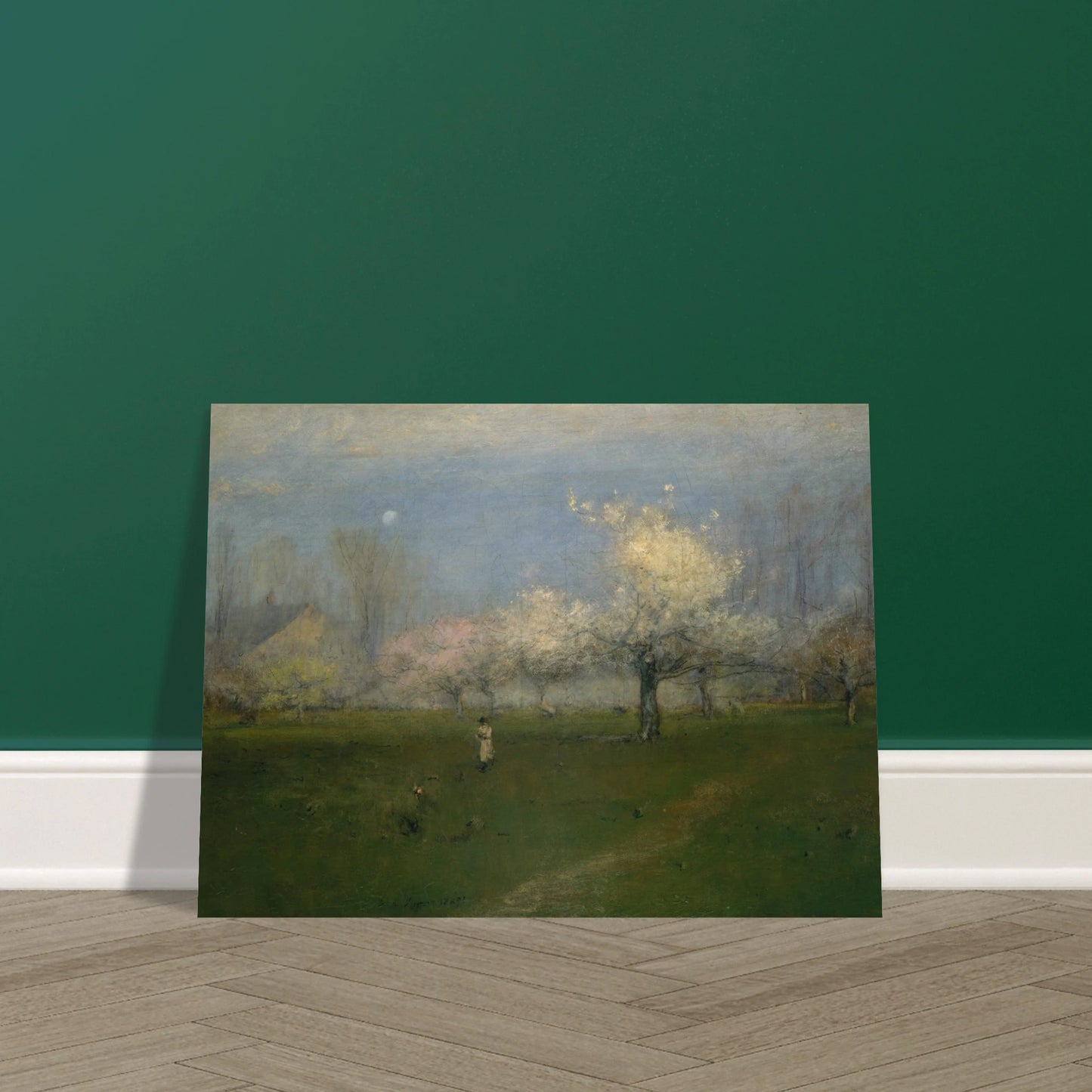 Apple trees bloom across a green orchard under a pale blue sky with a small figure