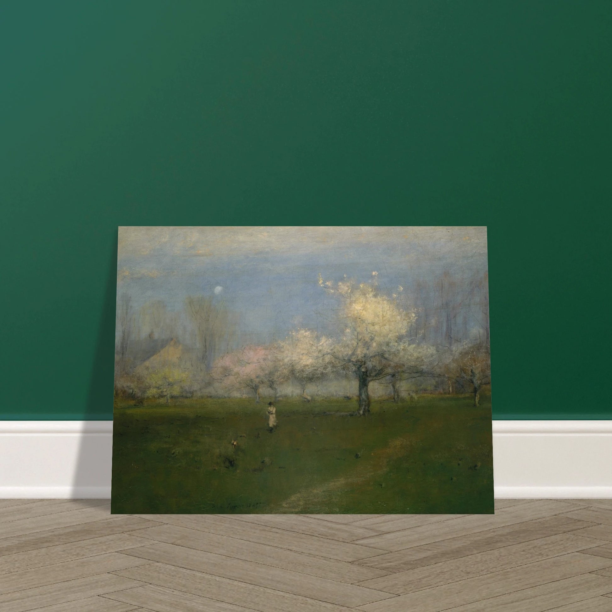 Apple trees bloom across a green orchard under a pale blue sky with a small figure