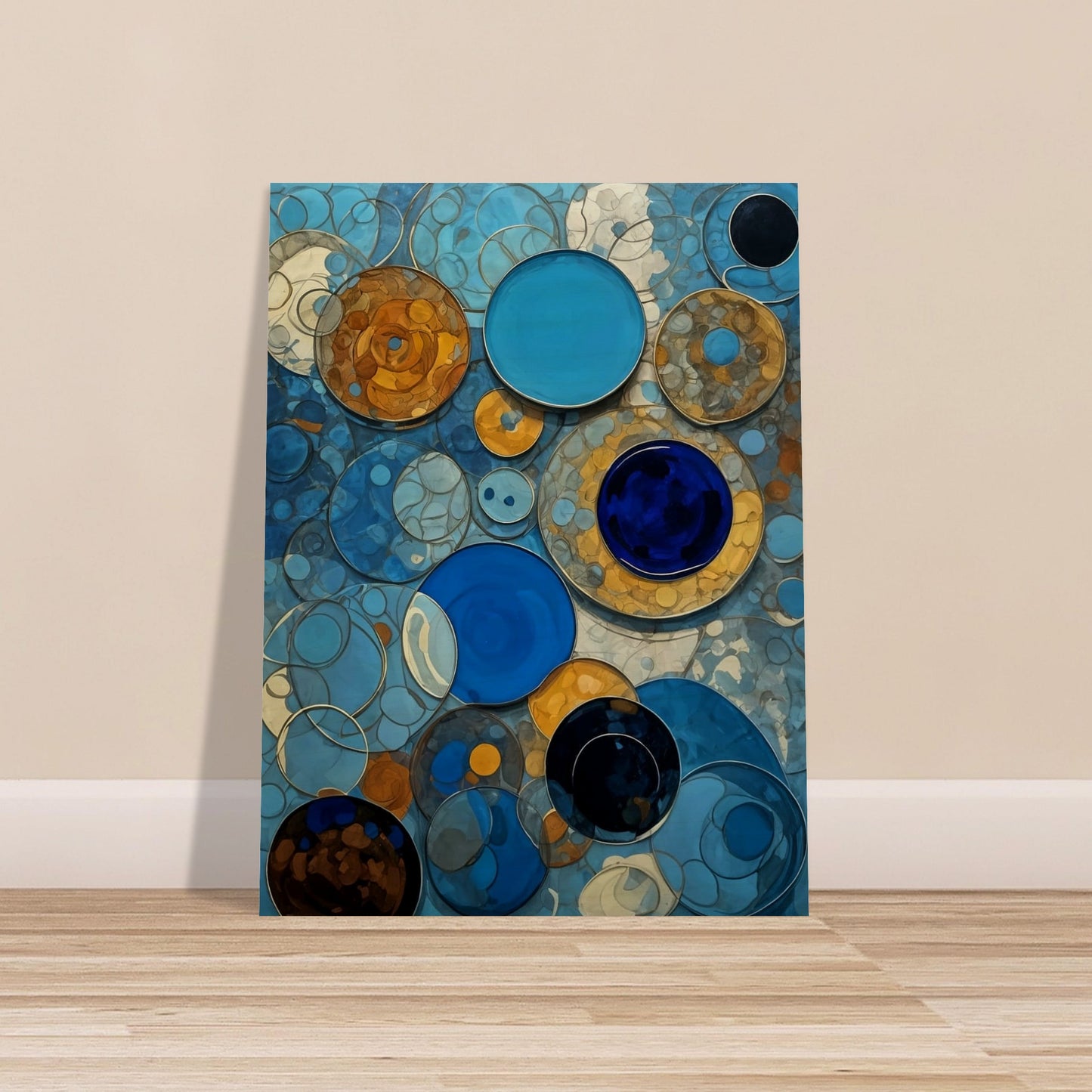 An abstract painting featuring various shades of blue and orange circular patterns overlapping in a dynamic composition.