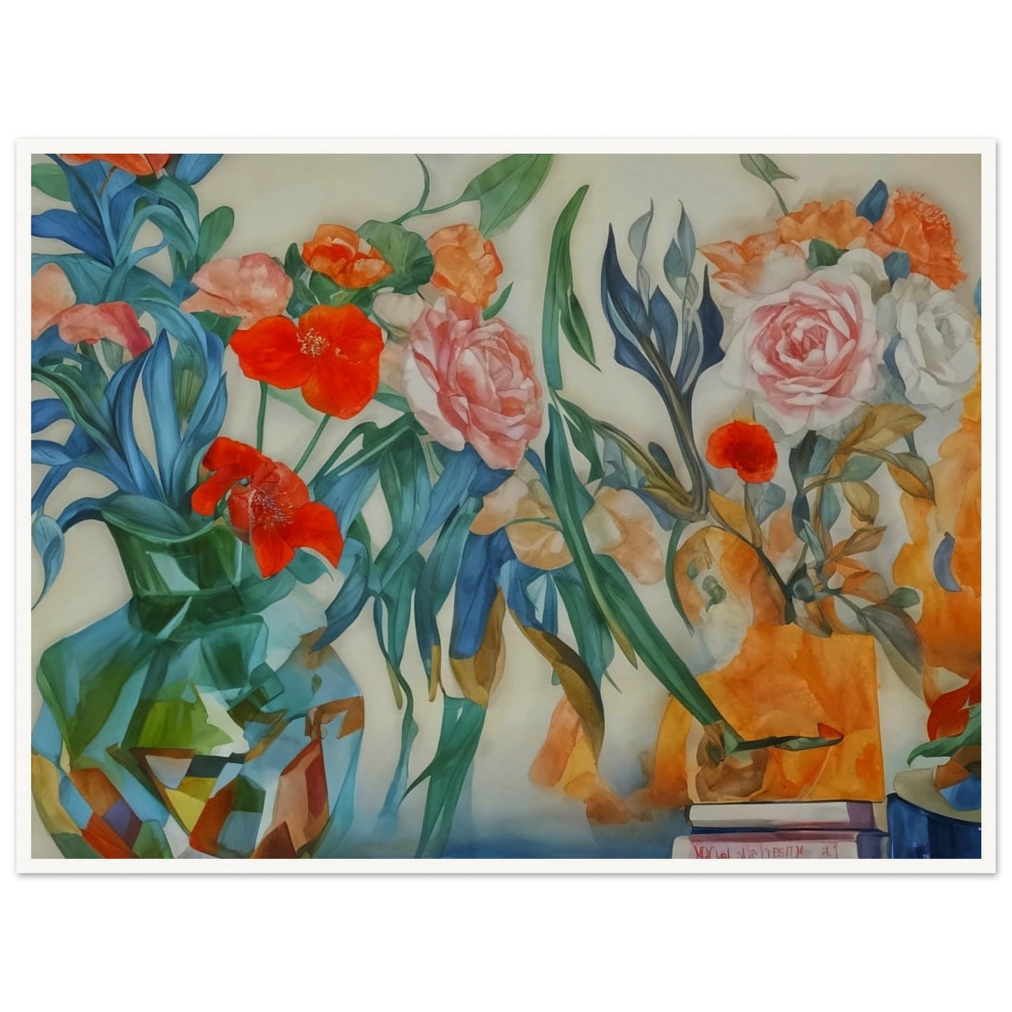 A lively painting of colorful flowers in vases, showcasing a blend of red, pink, and orange blossoms with lush green foliage.