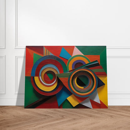 Vivid geometric painting with intersecting concentric circles and sharp-edged forms in bold reds, greens, blues, and yellows.