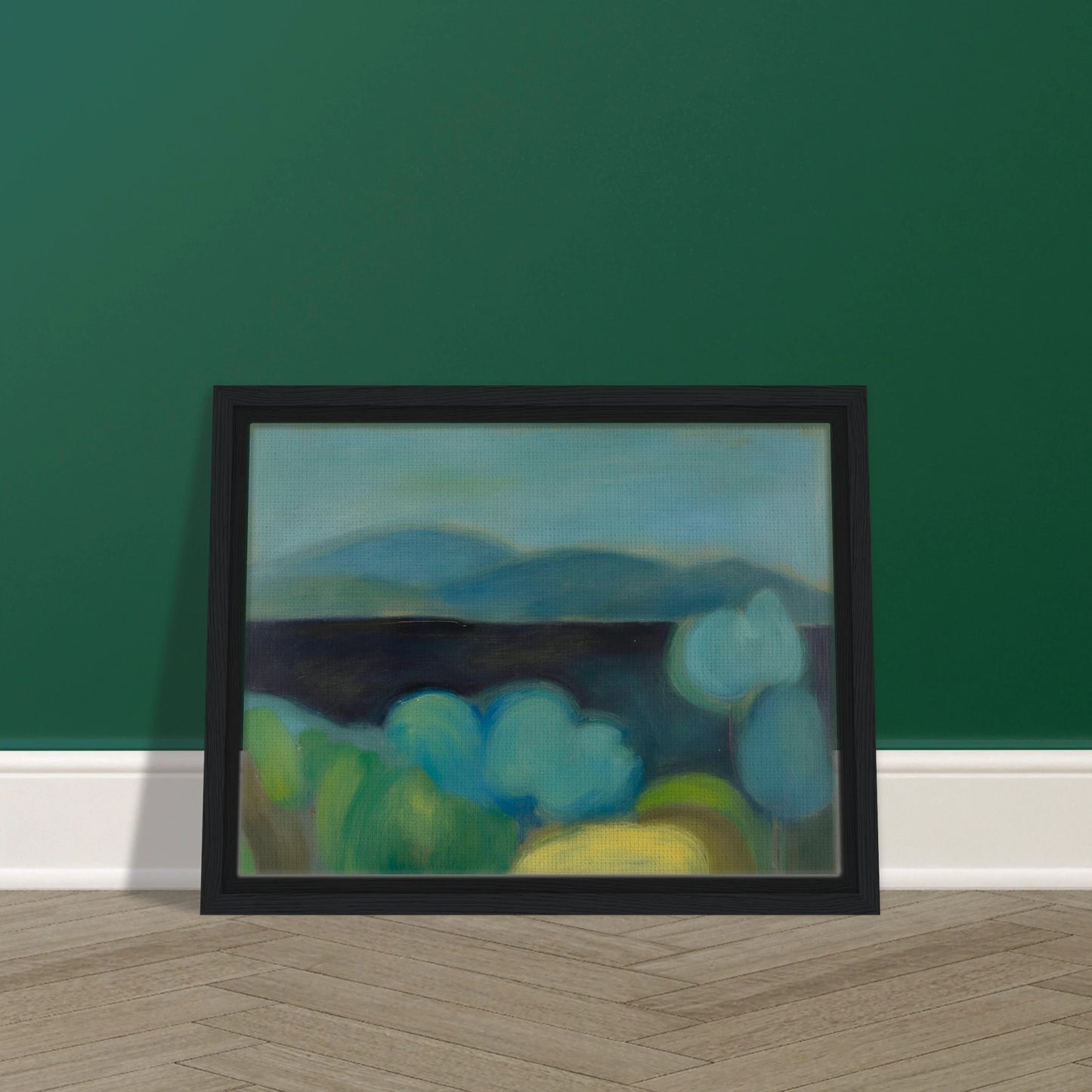 Soft blue hills rise beyond rounded trees and lush fields, creating a tranquil landscape bathed in cool light.