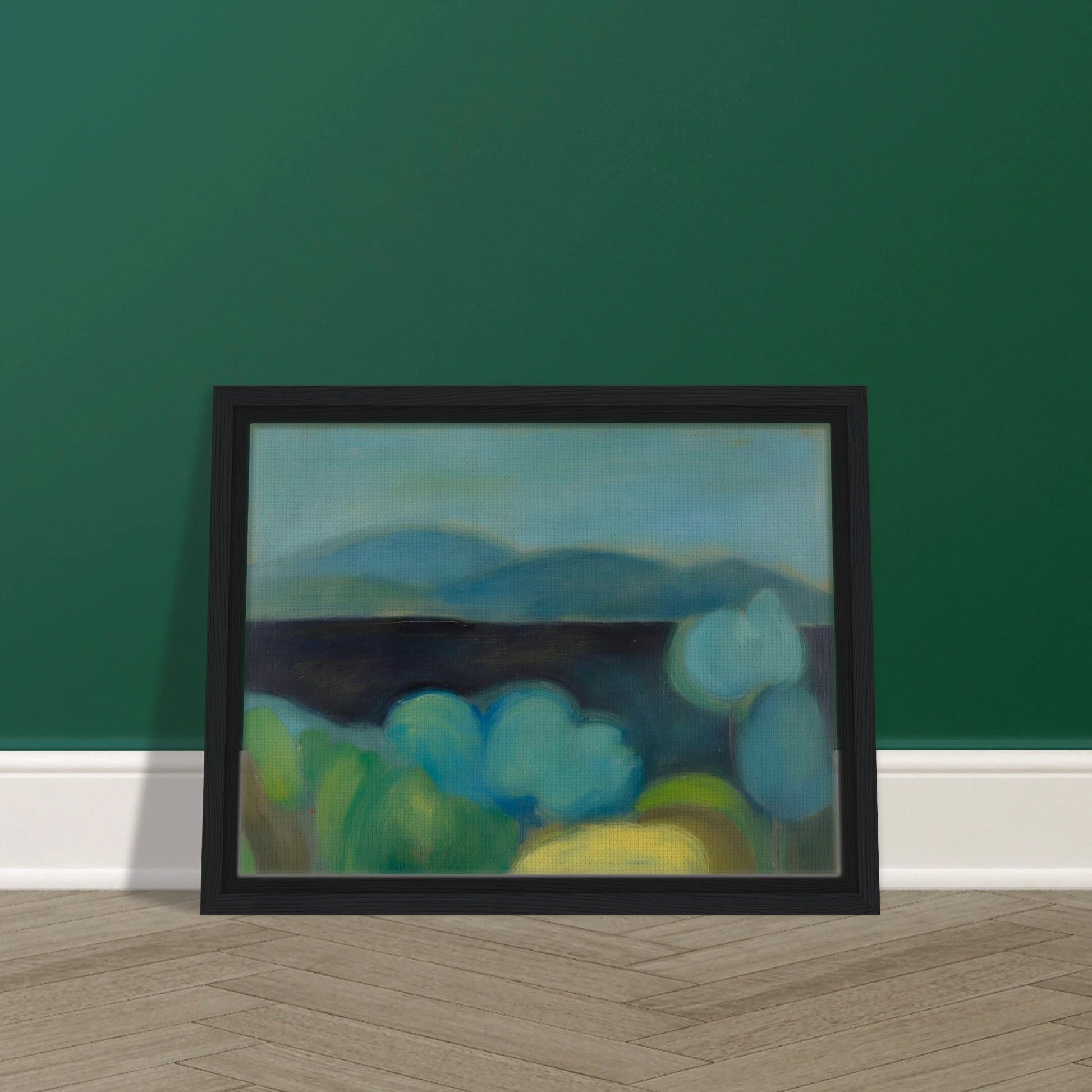 Soft blue hills rise beyond rounded trees and lush fields, creating a tranquil landscape bathed in cool light.