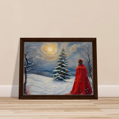 A woman in a flowing red cloak gazes at a glowing Christmas tree in a snowy landscape, illuminated by a radiant moon and serene winter sky.