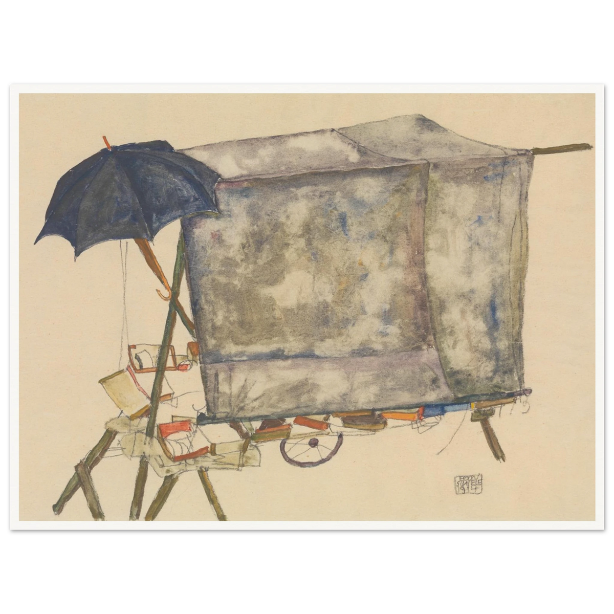 A gray covered street cart stands beneath a dark blue umbrella, rendered in loose watercolor and graphite.