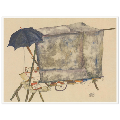 A gray covered street cart stands beneath a dark blue umbrella, rendered in loose watercolor and graphite.