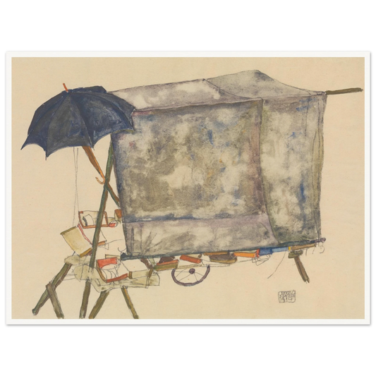 A gray covered street cart stands beneath a dark blue umbrella, rendered in loose watercolor and graphite.