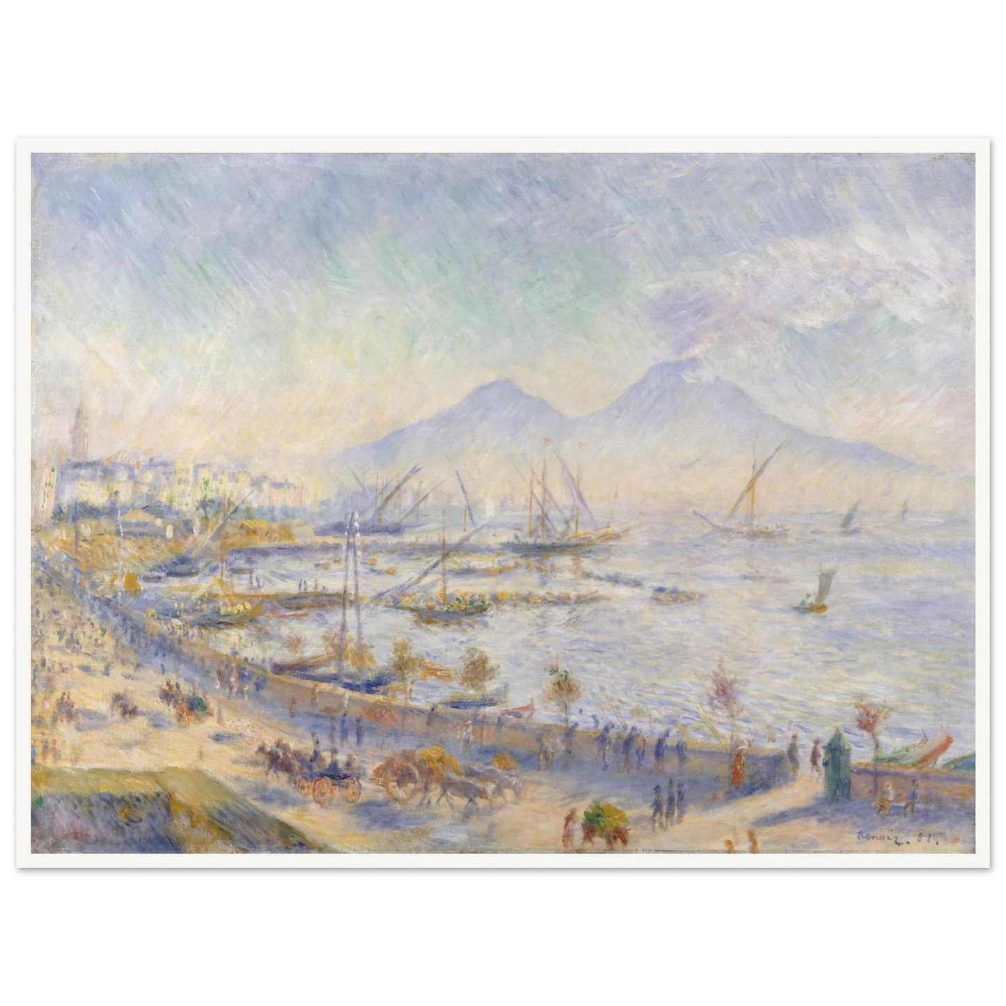 Hazy harbor view of Naples with sailboats and Mount Vesuvius in the distance