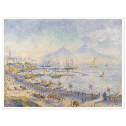 Hazy harbor view of Naples with sailboats and Mount Vesuvius in the distance