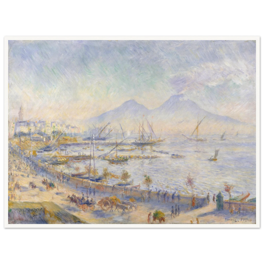Hazy harbor view of Naples with sailboats and Mount Vesuvius in the distance