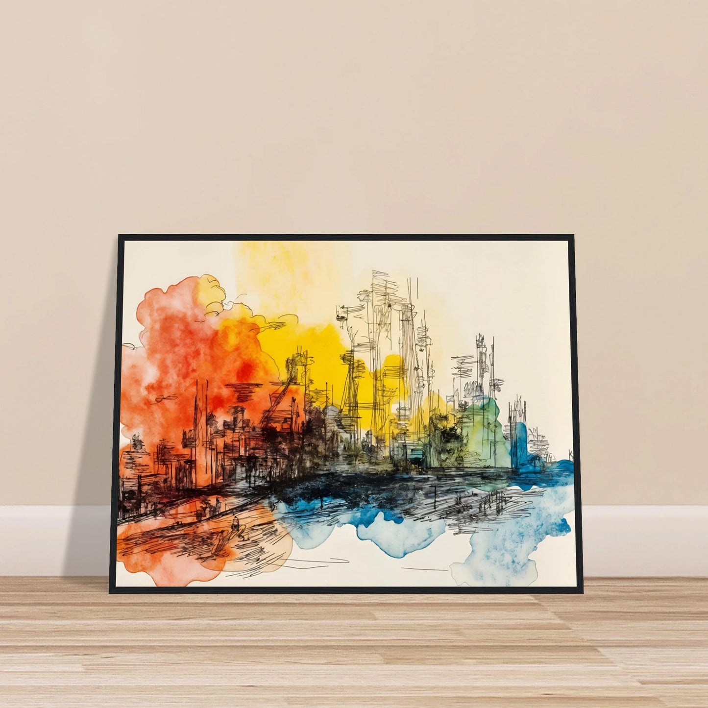 Ink city skyline with orange, yellow, and blue watercolor washes across a bright urban scene.