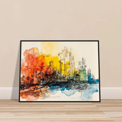 Ink city skyline with orange, yellow, and blue watercolor washes across a bright urban scene.