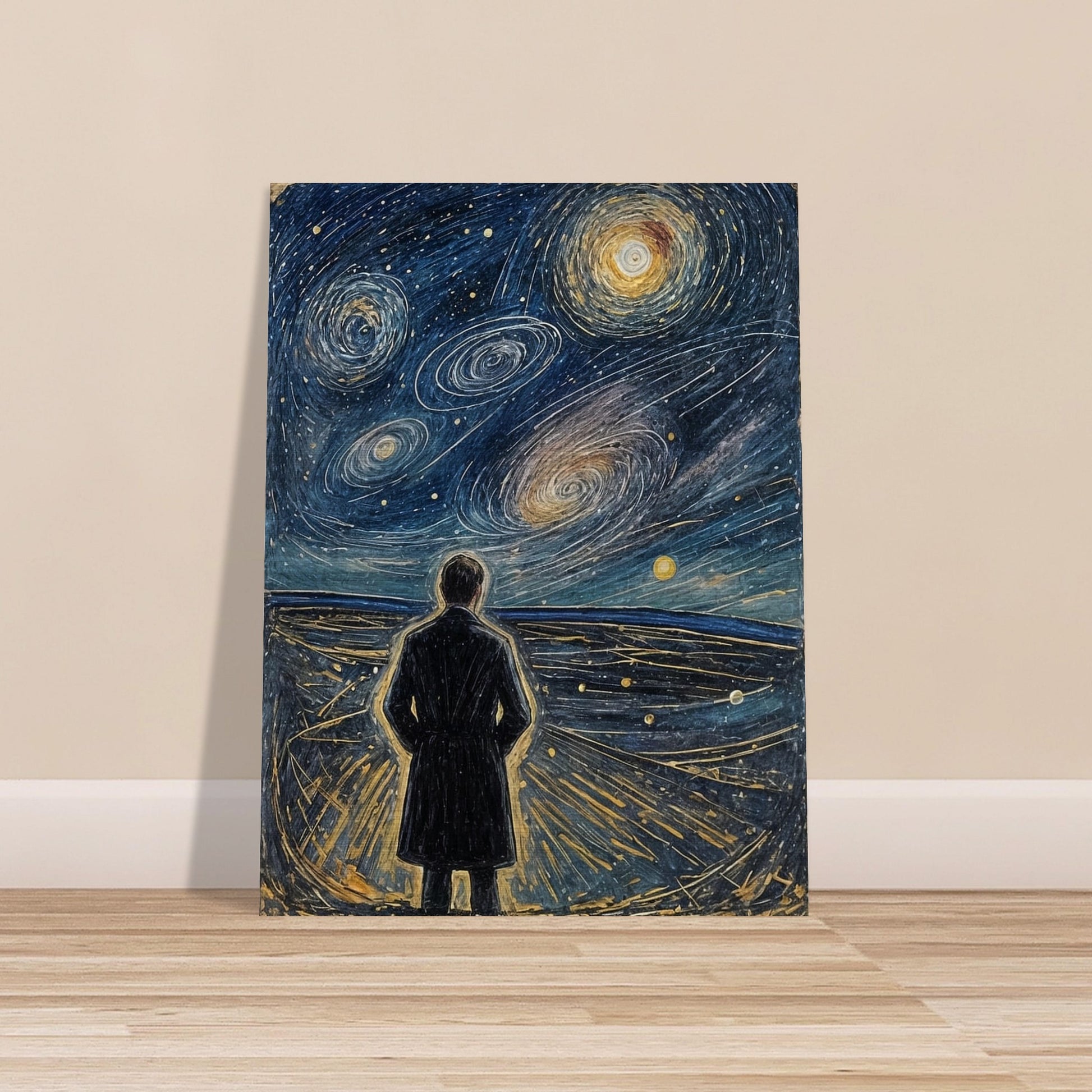 A figure stands on a vast plain, gazing up at a swirling, star-filled night sky with spiral galaxies glowing above.