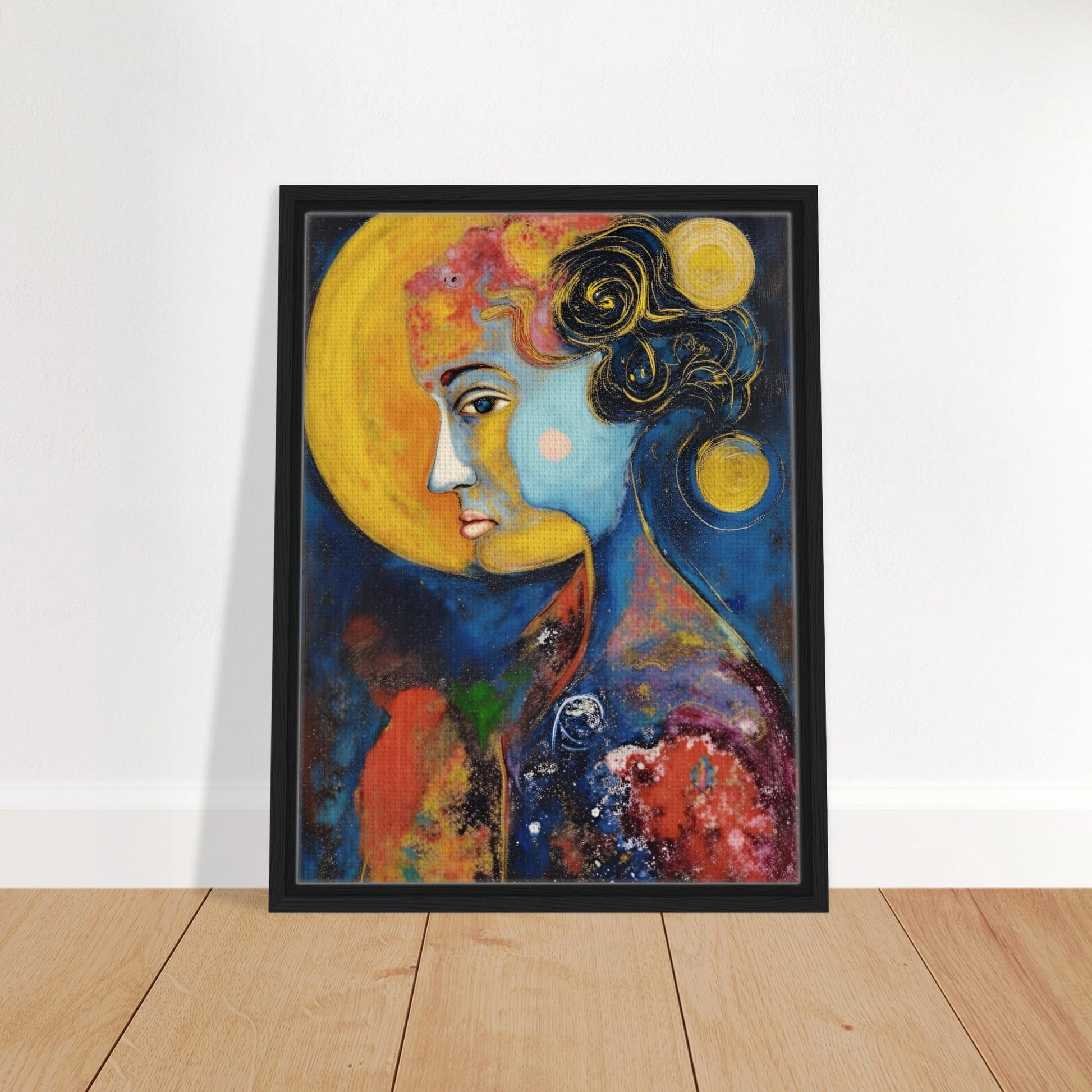 Blue celestial portrait with golden moons, dark curls, and vivid red and yellow cosmic textures.