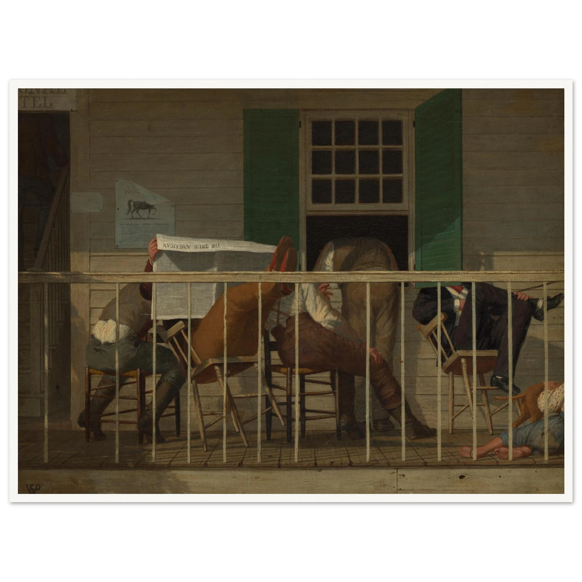 Men sit on a porch reading a newspaper while a child rests beside a dog