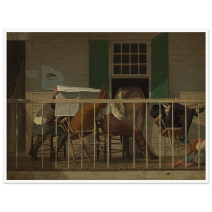 Men sit on a porch reading a newspaper while a child rests beside a dog