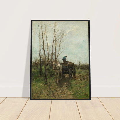 A man loads branches onto a horse cart along a muddy lane beneath bare trees.