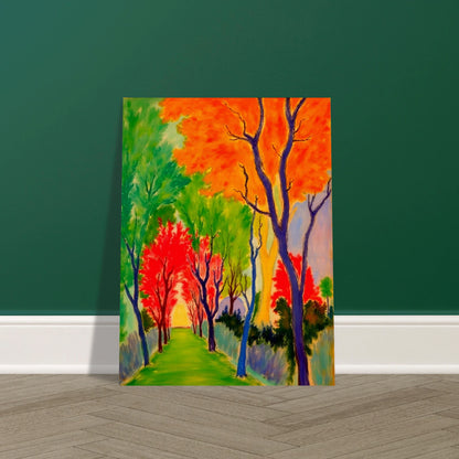 A vivid forest pathway glowing with fiery orange, green, and red trees, symbolizing nature’s changing seasons and renewal.