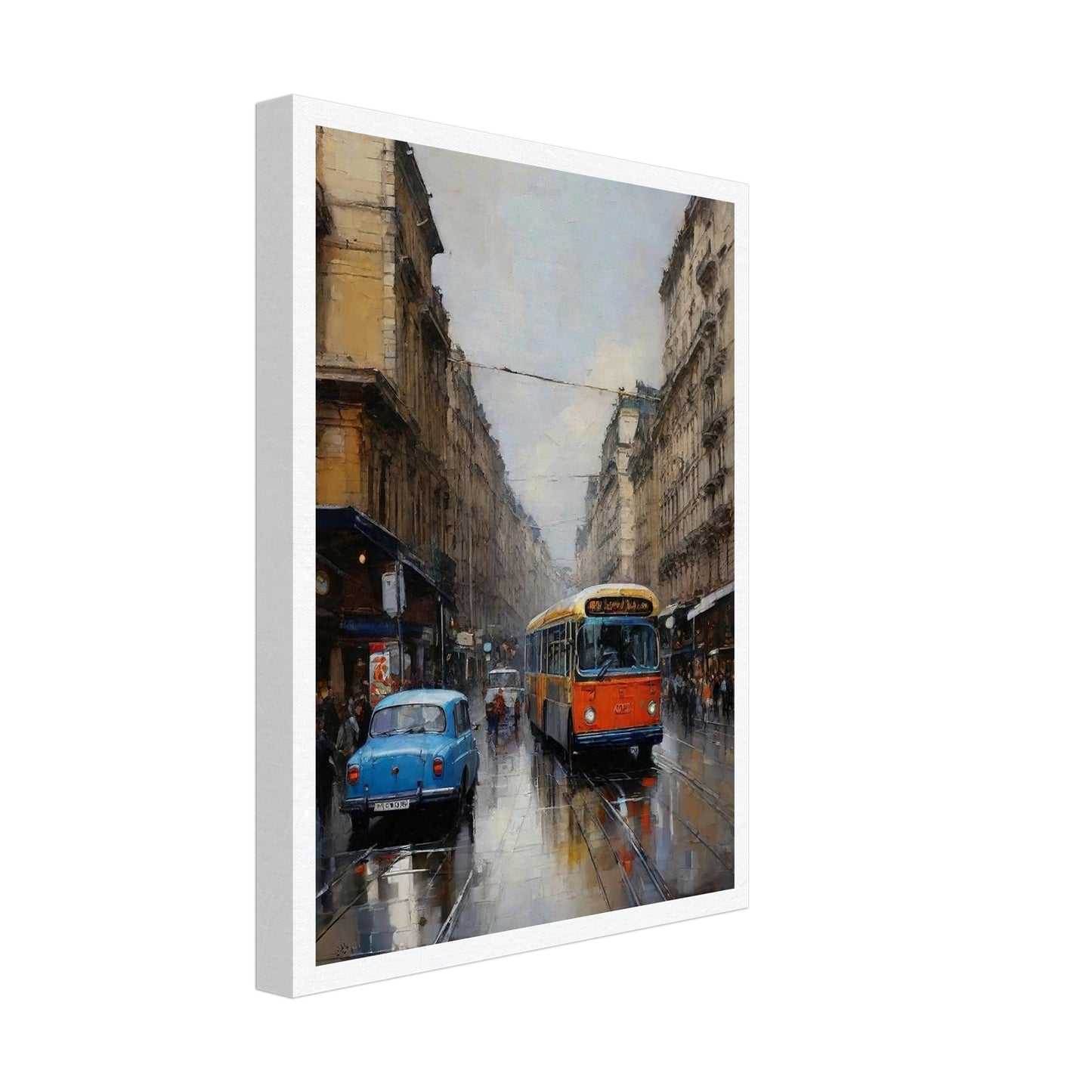 "A beautifully painted urban scene of a streetcar moving through a rainy city, with classic cars and reflective wet streets, evoking a sense of nostalgia."