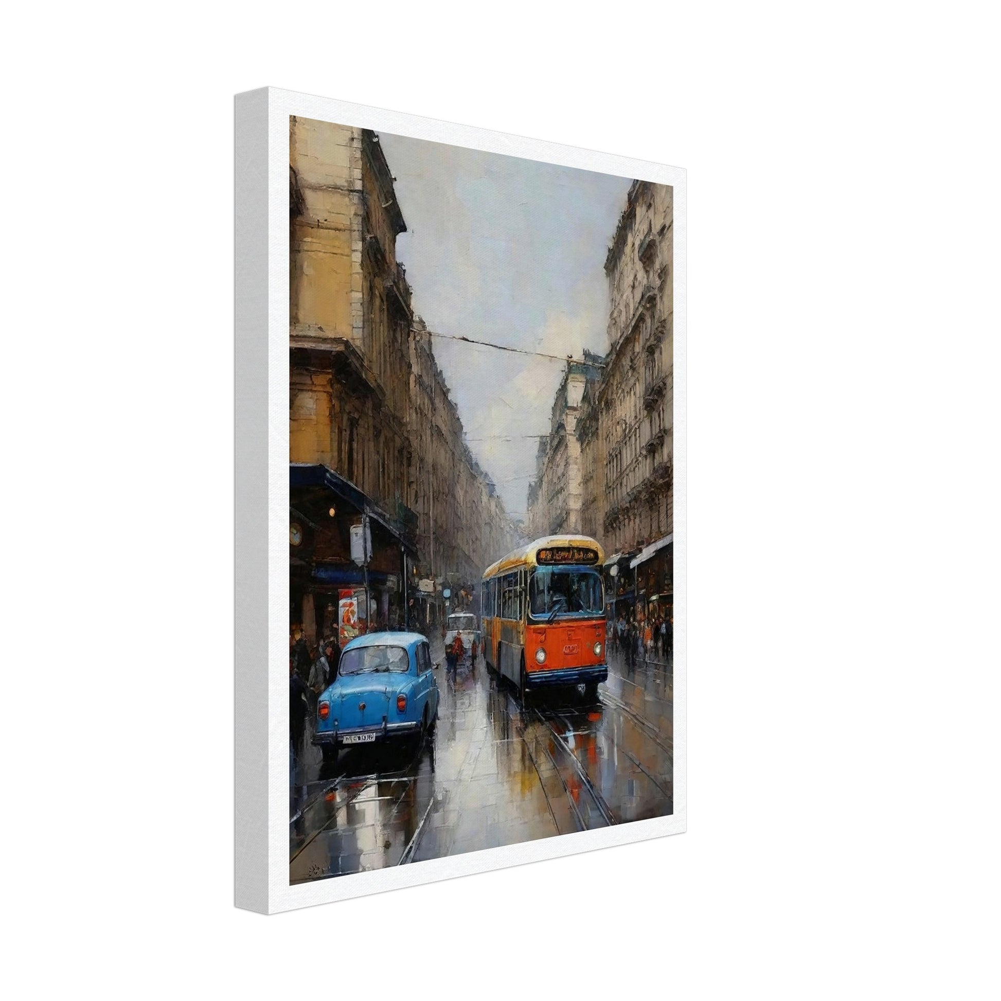 "A beautifully painted urban scene of a streetcar moving through a rainy city, with classic cars and reflective wet streets, evoking a sense of nostalgia."